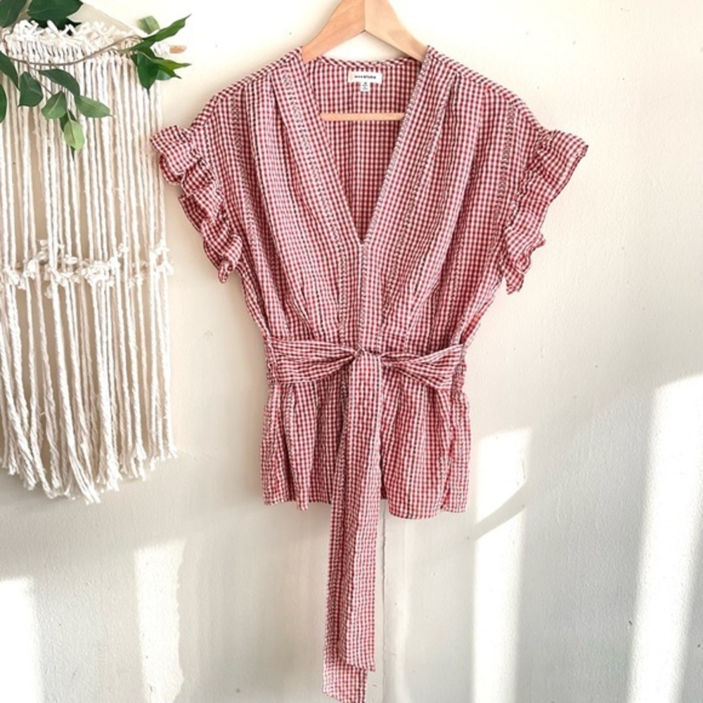 Red Gingham Ruffle Sleeve Tie Waist Blouse, Size M